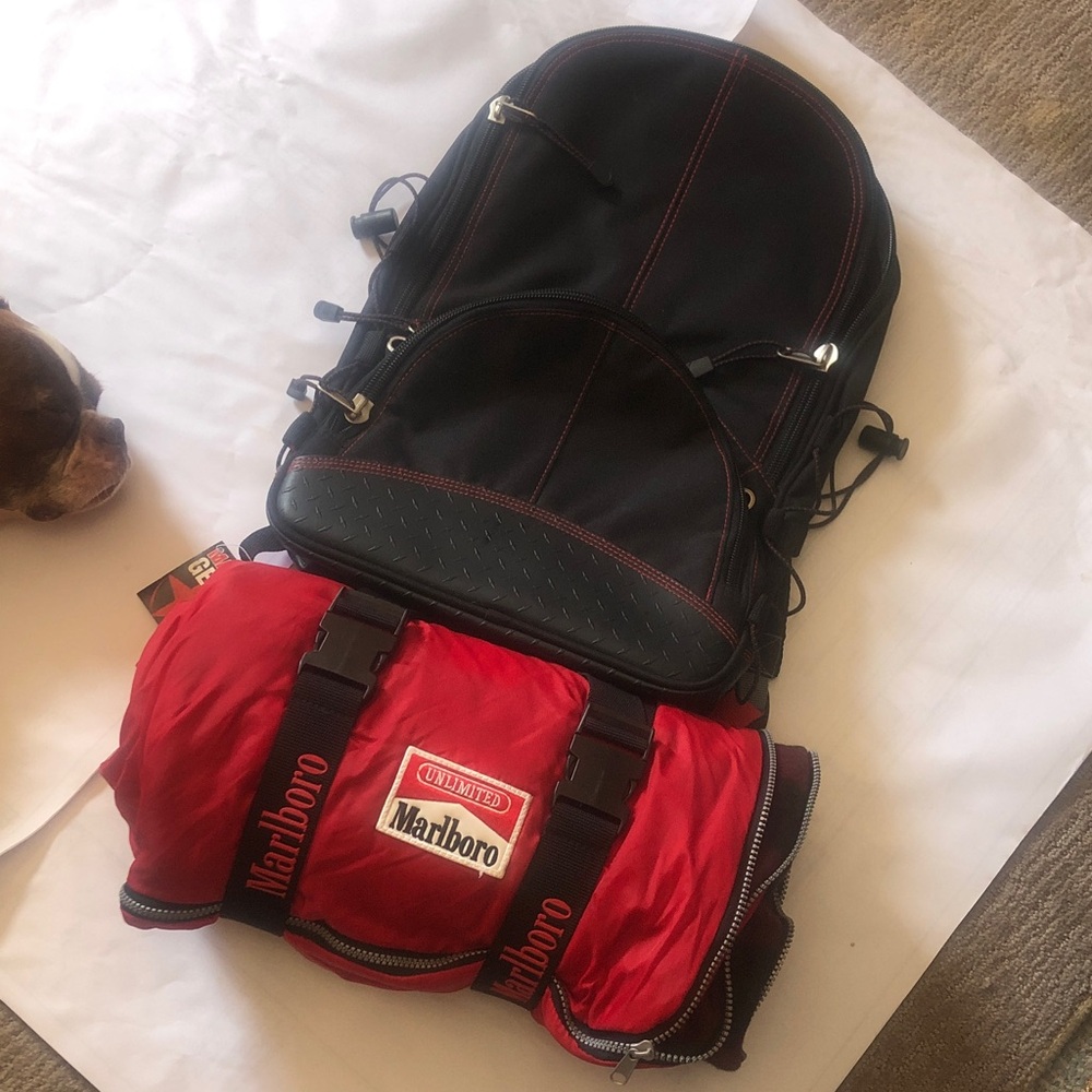 Marlboro Unlimited Backpack and sleeping roll flannel plaid inner